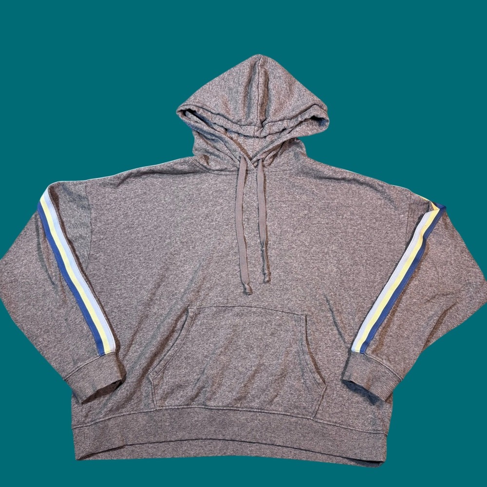 American Eagle Stripe Sleeve Fleece Hoodie S Gray Blue Yellow Pullover